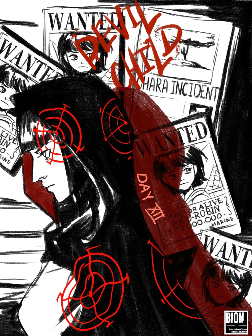 1girl blunt_bangs character_name cloak closed_mouth commentary english_commentary highres hood hooded_cloak looking_ahead monochrome newspaper nico_robin nico_robin_(water_7) one_piece onex1x solo spot_color target upper_body wanted_poster watermark