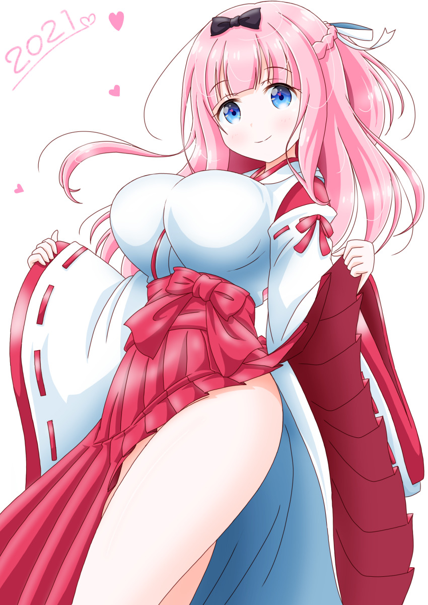 1girl black_bow blue_eyes bow breasts clothes_lift fujiwara_chika highres imai_kazunari japanese_clothes kaguya-sama_wa_kokurasetai_~tensai-tachi_no_renai_zunousen~ large_breasts long_hair long_sleeves looking_at_viewer miko pink_hair skirt skirt_lift thighs wide_sleeves