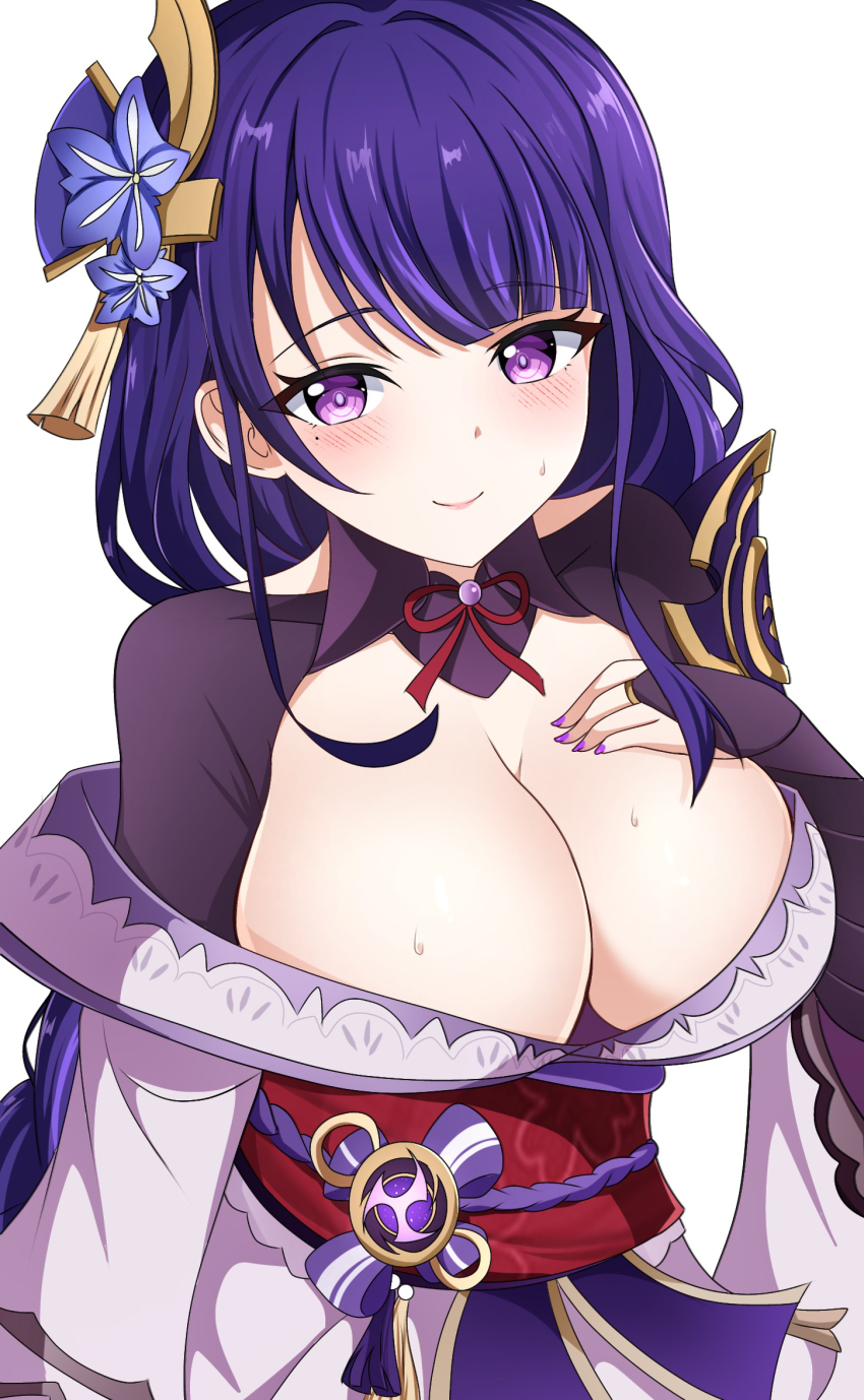 1girl blush braid breasts bridal_gauntlets cleavage commentary electricity flower genshin_impact hair_ornament hand_on_own_chest highres japanese_clothes kimono large_breasts long_hair long_sleeves looking_at_viewer low-braided_long_hair low-tied_long_hair midori_(midori13579) mole mole_under_eye obi obijime purple_eyes purple_flower purple_hair purple_kimono purple_nails raiden_shogun sash simple_background smile solo sweat upper_body white_background