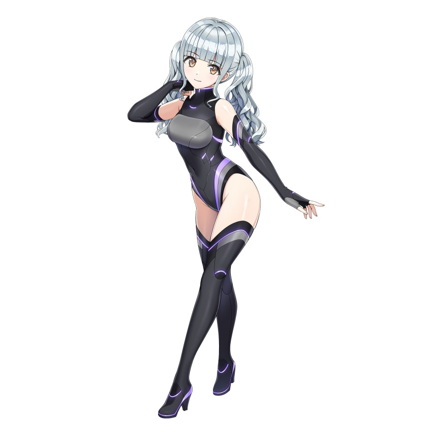 1girl adjusting_hair black_wetsuit blunt_bangs boots breasts brown_eyes closed_mouth dolphin_wave elbow_gloves fingerless_gloves framed_breasts game_cg gloves grey_hair high_heel_boots high_heels highleg highres kazami_uniform long_hair medium_breasts nagato_mei non-web_source official_alternate_costume official_art ootomo_takuji smile thigh_boots transparent_background twintails wavy_hair