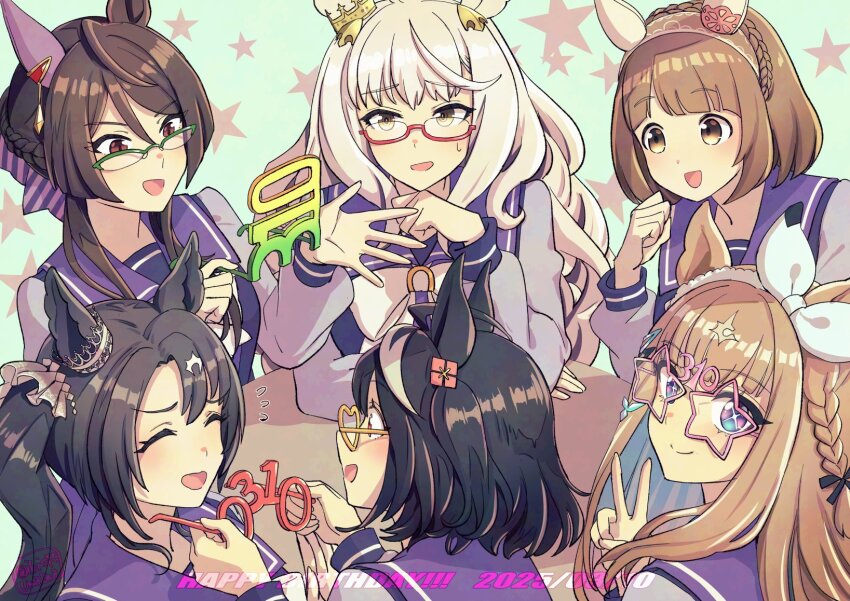 +_+ 6+girls almond_eye_(umamusume) animal_ears birthday_connection biwa_hayahide_(umamusume) black_hair blue_eyes bow bowtie braid brown_hair closed_eyes crown_braid dated earrings elbow_rest flying_sweatdrops glasses grey_hair hairband hand_up happy_birthday heart heart-shaped_eyewear hi_(ibisf5umauma) highres holding holding_removed_eyewear horse_ears jewelry kitasan_black_(umamusume) long_sleeves looking_at_viewer multicolored_hair multiple_girls novelty_glasses open_mouth purple_shirt red_eyes royce_and_royce_(umamusume) satono_crown_(umamusume) semi-rimless_eyewear shirt short_hair side_ponytail star-shaped_eyewear star_(symbol) streaked_hair sweatdrop table twitter_username umamusume unworn_eyewear upper_body v watermark yukino_bijin_(umamusume)