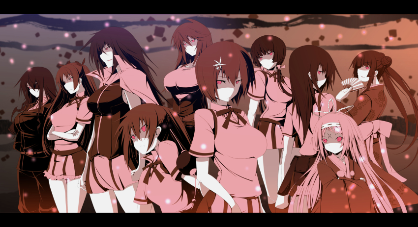 6+girls arms_behind_back bad_id bad_pixiv_id bars belt belt_buckle belt_pouch bow breasts buckle christiane_friedrich clothes_around_waist crossed_arms double_bun eyepatch folding_fan frilled_skirt frills frown fushikawa_kokoro hair_bun hair_ornament hair_ribbon hairclip hand_fan headband high_collar highres holding holding_fan itagaki_tatsuko jacket jacket_around_waist jacket_on_shoulders japanese_clothes kawakami_kazuko kawakami_momoyo kichihachi kimono kuki_monshiro large_breasts letterboxed long_hair low_twintails maji_de_watashi_ni_koi_shinasai! margit_eberbach matsunaga_tsubame mayuzumi_yukie medium_breasts military military_uniform miniskirt monochrome multiple_girls neck_ribbon panties pink_eyes ponytail pouch ribbon school_uniform shaded_face shiina_miyako short_hair short_sleeves sidelocks skirt socks spiked_hair standing twintails underwear vest