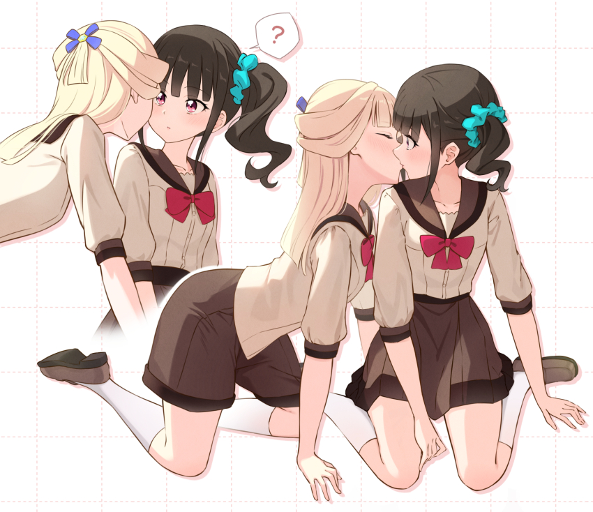 2girls ? blonde_hair blush bow brown_hair closed_eyes grid_background highres kiss kneeling long_hair multiple_girls nekoyashiki_mayu nekoyashiki_yuki nuenue pink_eyes precure school_uniform scrunchie shoes side_ponytail simple_background sitting skirt socks spoken_question_mark wariza white_background wonderful_precure! yuri