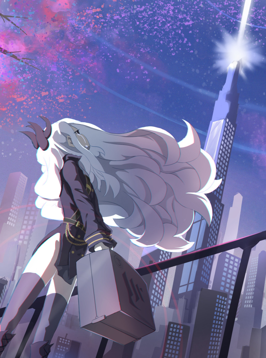 1girl ahoge arupakkadesu_pixv bag black_coat black_halo black_skirt blue_archive building coat crying demon_girl demon_horns gehenna_academy_logo halo highres hina_(blue_archive) holding holding_bag horns long_hair night outdoors purple_eyes skirt solo white_hair