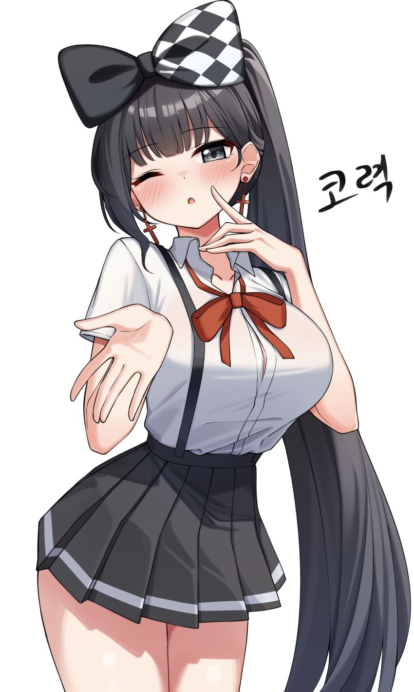 1girl ;o absurdres black_eyes black_hair black_skirt bow bowtie button_gap character_request collared_shirt commission cowboy_shot dress_shirt earrings hair_bow highres jewelry long_hair looking_at_viewer miniskirt one_eye_closed original parted_lips pleated_skirt ponytail shirt shirt_tucked_in short_sleeves simple_background skirt solo standing suspenders thighs very_long_hair white_background white_shirt ziro_(zirorong)