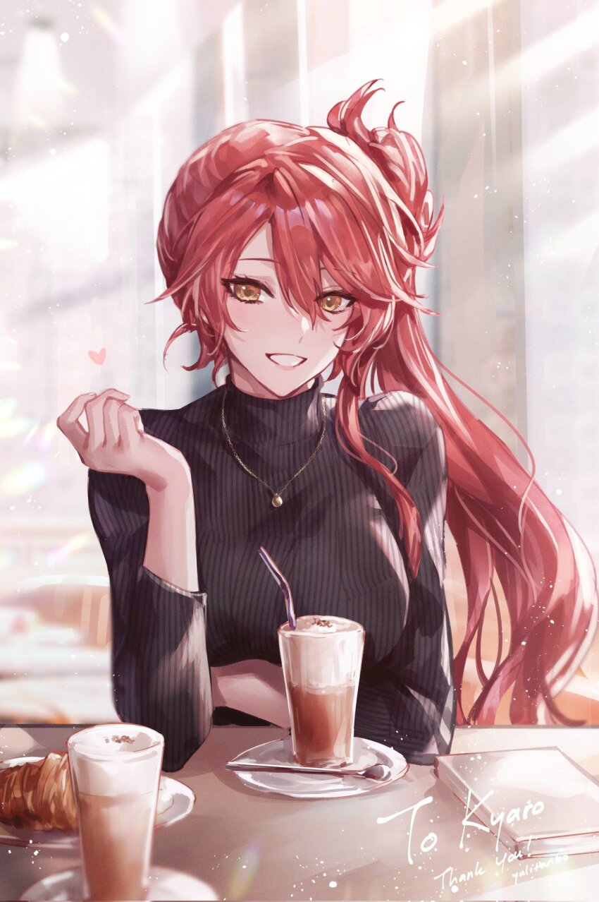 1girl cafe coffee commission drink eiyuu_densetsu elbow_on_table english_text heart highres jewelry light_rays long_hair looking_at_viewer necklace ponytail red_hair sara_valestein sen_no_kiseki_(series) sen_no_kiseki_i sitting smile solo sweater yellow_eyes yuli_(yulipo)
