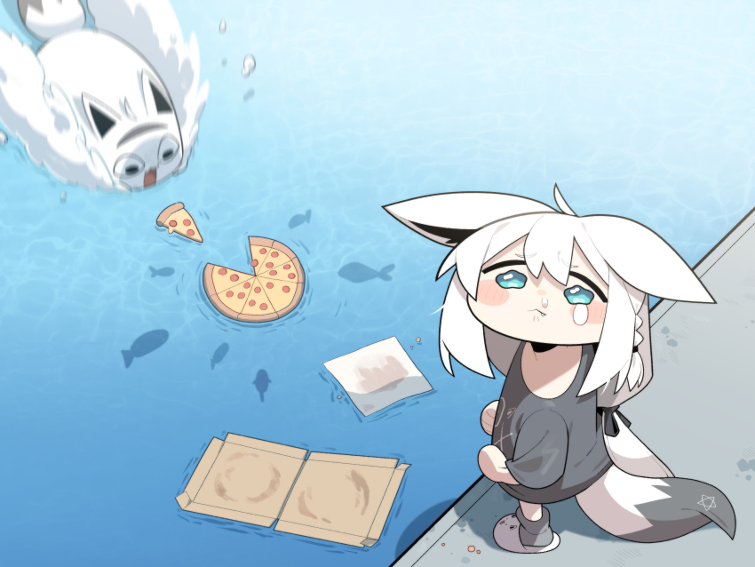 1girl :&lt; absurdres ahoge animal_ears black_shirt blue_eyes blush cocomayo29_(tomato) commentary_request crying crying_with_eyes_open fang food fox_ears fox_girl fox_tail from_above highres hololive korean_commentary looking_at_viewer looking_up miteiru_(shirakami_fubuki) motion_blur open_mouth pizza pizza_box pizza_slice shirakami_fubuki shirt slippers snot solo tail tears virtual_youtuber water wavy_eyes white_hair