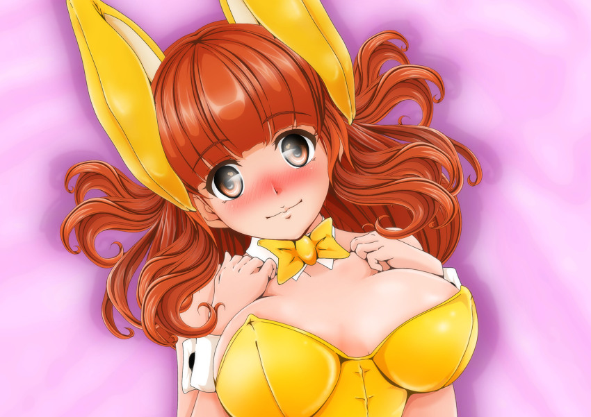 1girl animal_ears bed blunt_bangs blush bow bowtie breasts closed_mouth commentary_request detached_collar fake_animal_ears from_above girls_und_panzer highres large_breasts leotard long_hair looking_at_viewer lying nanashi_noiji orange_eyes orange_hair partial_commentary playboy_bunny rabbit_ears solo strapless strapless_leotard takebe_saori wrist_cuffs yellow_bow yellow_bowtie yellow_leotard