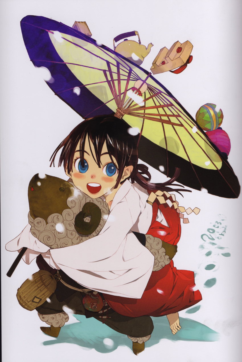 1girl absurdres barefoot blue_eyes blush brown_hair carrying female_focus hair_ribbon hakama hakama_skirt highres japanese_clothes long_hair miko okama open_mouth original piggyback ribbon scan sheep skirt smile solo umbrella
