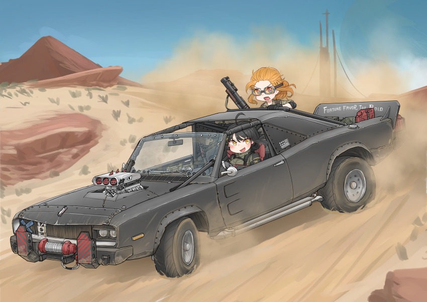 2girls absurdres ahoge black_hair blue_eyes car chibi desert dodge_(company) dodge_charger dodge_charger_(2nd_generation) driving dust goggles grenade_launcher highres jerry_can looking_at_viewer m79 mad_max motor_vehicle multiple_girls muscle_car orange_hair original post-apocalypse sand_dune smile srtdrawart tactical_clothes vehicle_focus weapon yellow_eyes