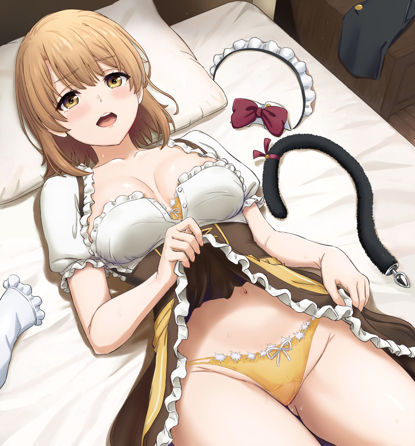 1girl absurdres anal_beads anal_tail bed blush bow bowtie bra breasts brown_eyes brown_hair brown_skirt butt_plug commentary_request corset fake_tail frilled_shirt frills gluteal_fold hairband highres inanaki_shiki isshiki_iroha lifting_own_clothes looking_at_viewer lying maid_headdress medium_hair on_back on_bed panties red_bow red_bowtie shirt skirt smile solo tail thighs underwear unworn_hairband waitress white_shirt yahari_ore_no_seishun_lovecome_wa_machigatteiru. yellow_bra yellow_panties