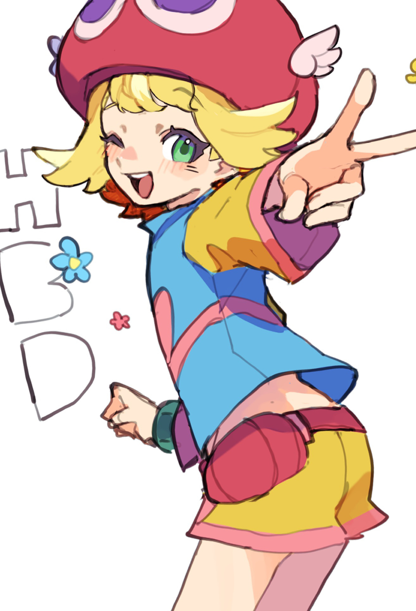 1girl ;d amitie_(puyopuyo) arm_at_side belt blue_jacket cowboy_shot flipped_sidelocks flower_symbol green_eyes happy happy_birthday hat highres jacket leaning_forward light_blush looking_at_viewer looking_back one_eye_closed open_mouth outstretched_arm puyopuyo puyopuyo_fever_2 red_belt red_hat short_bangs short_hair shorts simple_background sketch smile solo swept_bangs teeth upper_teeth_only urolo v white_background yellow_shorts yellow_sleeves