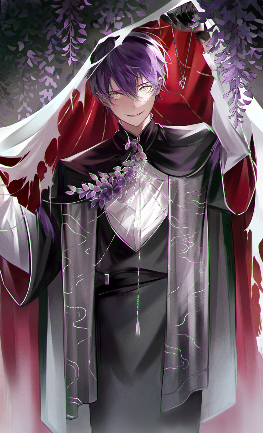 1boy arm_above_head arm_up black_cloak black_gloves cloak flower gloves hair_between_eyes high_collar highres holding holding_jewelry holding_necklace jewelry kenmochi_touya long_sleeves looking_at_viewer male_focus necklace nijisanji purple_flower purple_hair sanse_(sssei_33) short_hair smile solo virtual_youtuber wisteria yellow_eyes