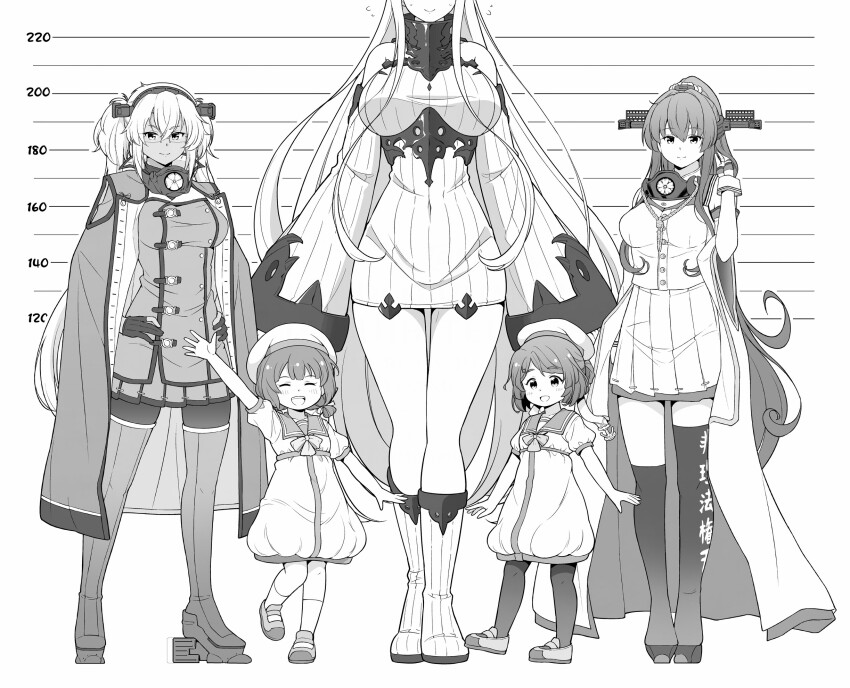 abyssal_ship anchor_ornament asymmetrical_legwear breasts buttons cape closed_eyes clothes_writing collar commentary_request double-breasted dress glasses gloves greyscale hair_rings hat head_out_of_frame headgear height_chart height_difference highres kaiboukan_no._30_(kancolle) kaiboukan_no._4_(kancolle) kantai_collection large_breasts long_hair low_twintails metal_collar monochrome musashi_(kancolle) musashi_kai_ni_(kancolle) pleated_skirt rudder_footwear sailor_collar sailor_dress sailor_hat seaport_princess short_dress short_hair skirt sleeves_past_fingers sleeves_past_wrists tenshin_amaguri_(inobeeto) thighhighs twintails waving yamato_(kancolle) yamato_kai_ni_(kancolle)