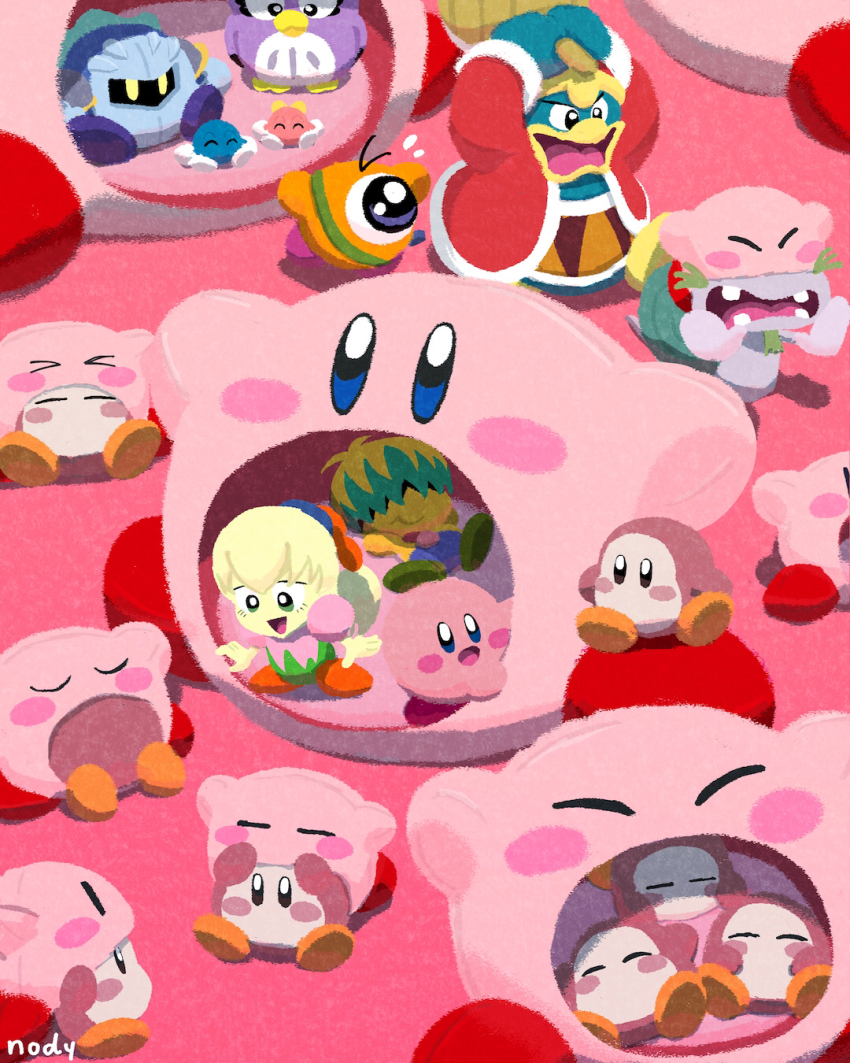 &gt;_&lt; :d ^_^ armor arms_up artist_name bird blonde_hair blue_eyes blush blush_stickers brother_and_sister bun_(kirby) closed_eyes closed_mouth commentary_request coo_(kirby) escargon flying_sweatdrops fumu_(kirby) fur-trimmed_jacket fur-trimmed_sleeves fur_trim green_eyes green_hair hair_over_eyes hammer highres holding holding_hammer jacket king_dedede kirby kirby:_right_back_at_ya kirby_(series) lalala_(kirby) lololo_(kirby) long_hair long_sleeves lying mask meta_knight multicolored_hair nintendo nody_(nody_lowmoo) on_back one-eyed open_clothes open_jacket open_mouth pauldrons ponytail red_jacket running short_hair shoulder_armor siblings sitting sleeping smile u_u v-shaped_eyebrows waddle_dee yellow_eyes