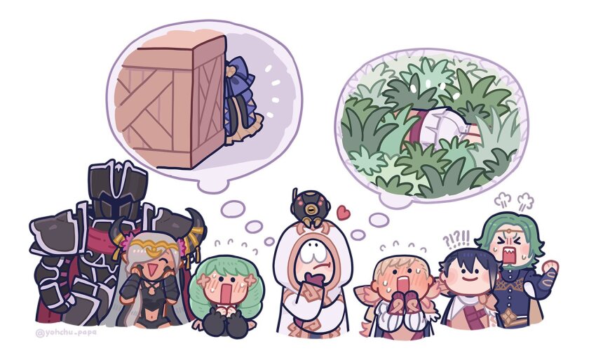 alfonse_(fire_emblem) angry armor black_knight_(fire_emblem) blonde_hair blue_hair blush box brother_and_sister cape chibi embarrassed fire_emblem fire_emblem_heroes flayn_(fire_emblem) gloves grass hair_ornament happy horns kiran_(fire_emblem) long_hair multicolored_hair multiple_boys multiple_girls mushi_rags nintendo open_mouth seteth_(fire_emblem) sharena_(fire_emblem) short_hair siblings simple_background smile speech_bubble sweat thought_bubble zelestia_(fire_emblem) zelgius_(fire_emblem)