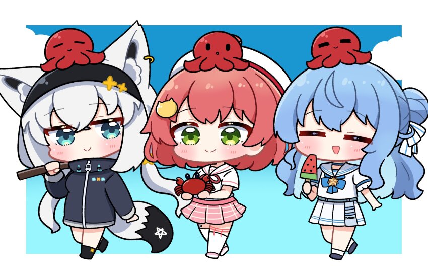 3girls animal animal_ears aqua_eyes black_hairband blue_hair blush chibi closed_eyes crab dohoon food fox_ears fox_girl fox_tail fubumicomet_(hololive) green_eyes hair_ornament hairband hairclip hat highres holding holding_animal holding_food holding_ice_cream hololive hood hooded_jacket hoshimachi_suisei hoshimachi_suisei_(school_uniform) ice_cream jacket multiple_girls pink_hair sakura_miko sakura_miko_(school_uniform) shirakami_fubuki shirakami_fubuki_(loungewear) smile squid_hat tail virtual_youtuber white_hair