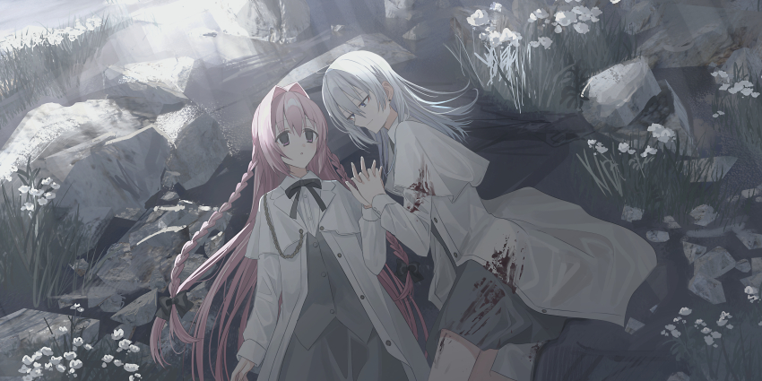 2girls absurdres black_bow blood blood_on_clothes blue_eyes bow braid chihuri collared_shirt commentary_request dress_shirt ende_(chihuri) flower grey_hair grey_skirt grey_vest hair_between_eyes hair_intakes highres indoors jacket long_hair lying multiple_girls nea_(chihuri) on_back on_side open_clothes open_jacket original pink_hair purple_eyes rock shirt skirt twin_braids very_long_hair vest water white_flower white_jacket white_shirt