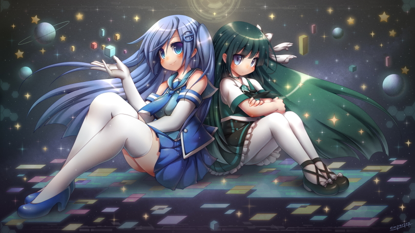 2girls black_footwear black_skirt blue_eyes blue_footwear blue_hair blue_skirt blush breasts character_request closed_mouth crossed_arms e_hair_ornament elbow_gloves emperpep gloves green_hair green_skirt high_heels highres internet_explorer internet_explorer_(merryweather) knees_up large_breasts legs_together long_hair microsoft miniskirt multiple_girls netscape netscape_(merryweather) original pantyhose pleated_skirt shoes short_sleeves sitting skirt sleeveless smile tagme thighhighs very_long_hair white_gloves white_legwear