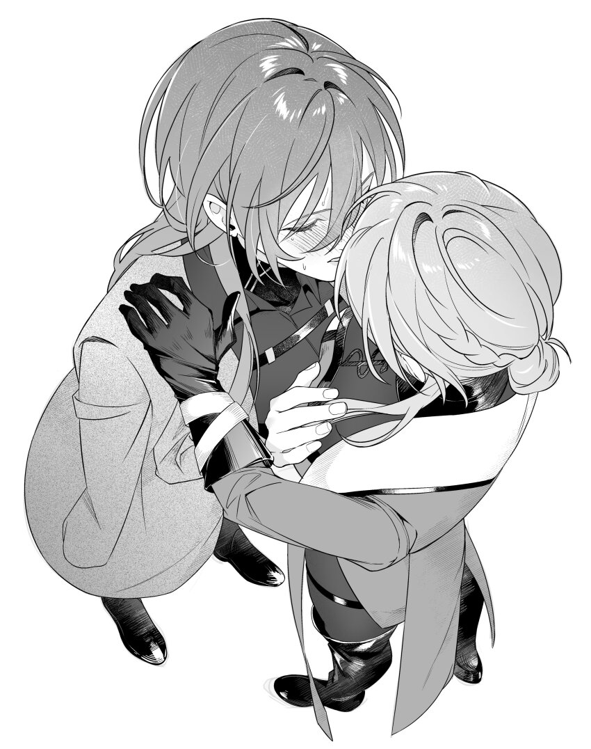 2girls absurdres blush boots chest_strap chief_(path_to_nowhere) closed_eyes coat coat_on_shoulders collared_shirt commentary_request elbow_gloves female_chief_(path_to_nowhere) gloves grabbing_another&#039;s_breast greyscale groping hair_bun hand_on_another&#039;s_shoulder highres kiss long_hair monochrome multiple_girls nightingale_(path_to_nowhere) pantyhose parted_lips path_to_nowhere shirt sweat thigh_boots thigh_strap toho10min yuri
