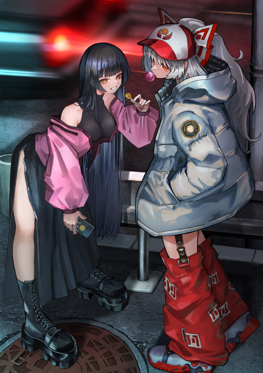 2girls absurdres adapted_costume alternate_costume bare_shoulders baseball_cap belt black_boots black_hair black_shirt black_skirt blunt_bangs boots bow bubble candy car cellphone chewing_gum commentary_request contemporary dedemaru down_jacket food from_side fujiwara_no_mokou garter_straps guard_rail hair_bow hand_in_pocket hat highres hime_cut holding holding_candy holding_food holding_lollipop holding_phone hood hooded_jacket houraisan_kaguya jacket lace-up_boots leaning_forward lollipop long_hair loose_socks manhole_cover motor_vehicle multicolored_shoes multiple_girls night off_shoulder ofuda ofuda_on_clothes open_clothes open_jacket outdoors over-kneehighs phone pink_jacket platform_boots ponytail red_eyes red_shoes red_socks road shirt shoes side_slit skirt sleeveless sleeveless_shirt smartphone smile sneakers socks street teeth thighhighs touhou turtleneck turtleneck_shirt two-tone_shoes very_long_hair white_hair white_jacket white_shoes white_sneakers y2k_fashion yellow_eyes