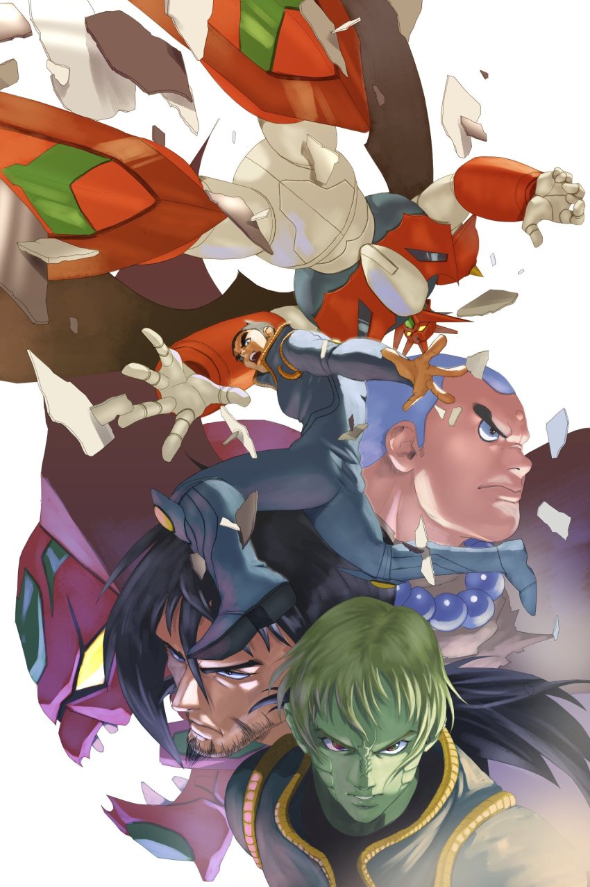 4boys alien bald beard black_eyes black_hair blue_jumpsuit colored_skin facial_hair getter_arc getter_dragon getter_robo getter_robo_arc green_hair green_skin hair_between_eyes highres jin_hayato jumpsuit kamui_shou long_hair looking_at_viewer looking_down mecha multiple_boys nagare_takuma open_mouth pilot_suit red_eyes robot science_fiction stubble super_robot v-shaped_eyebrows vldhomecenter yamagishi_baku yellow_eyes