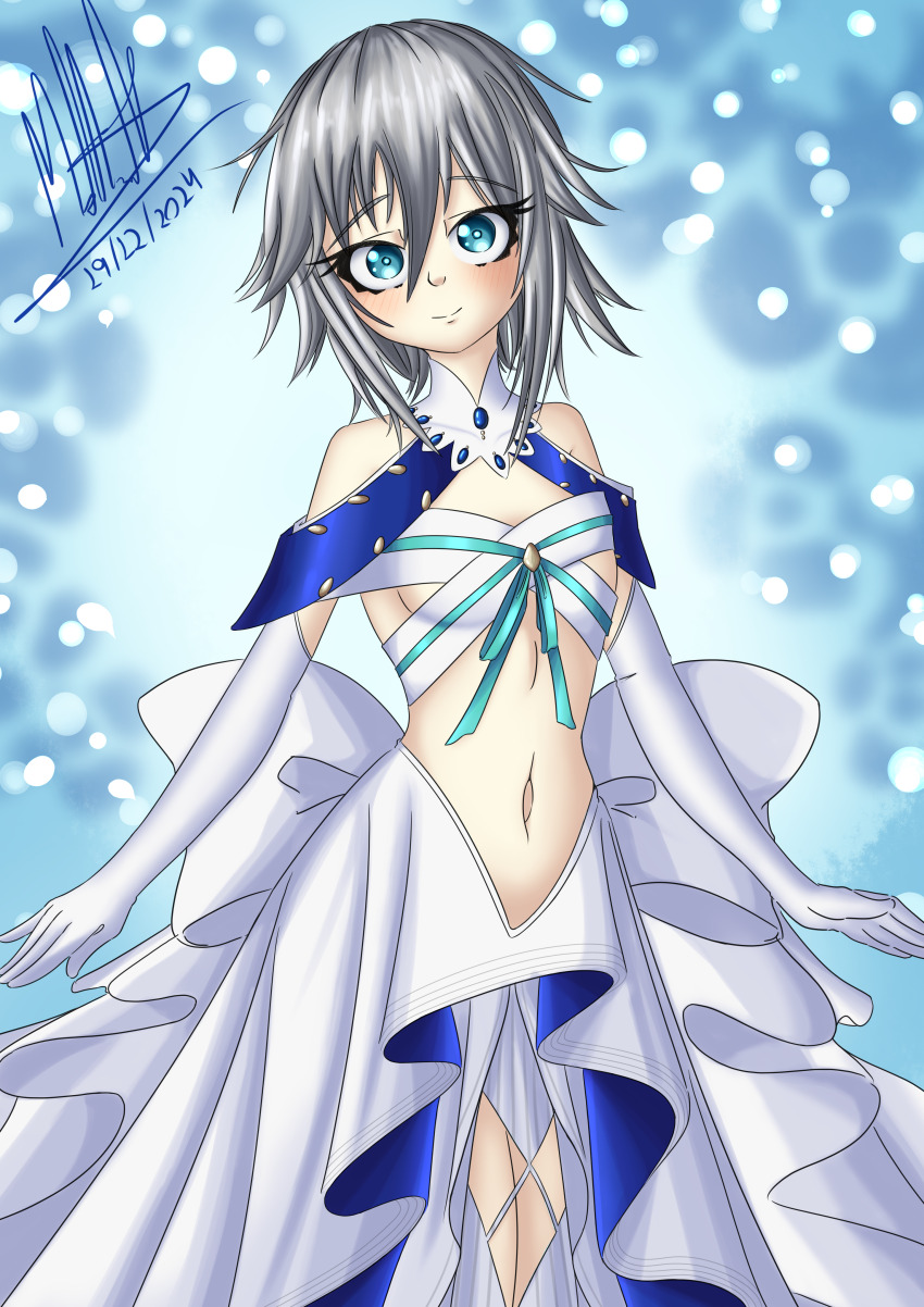 1girl absurdres blue_eyes breasts date_a_live dress highres honjou_nia medium_breasts short_hair solo thighs white_hair