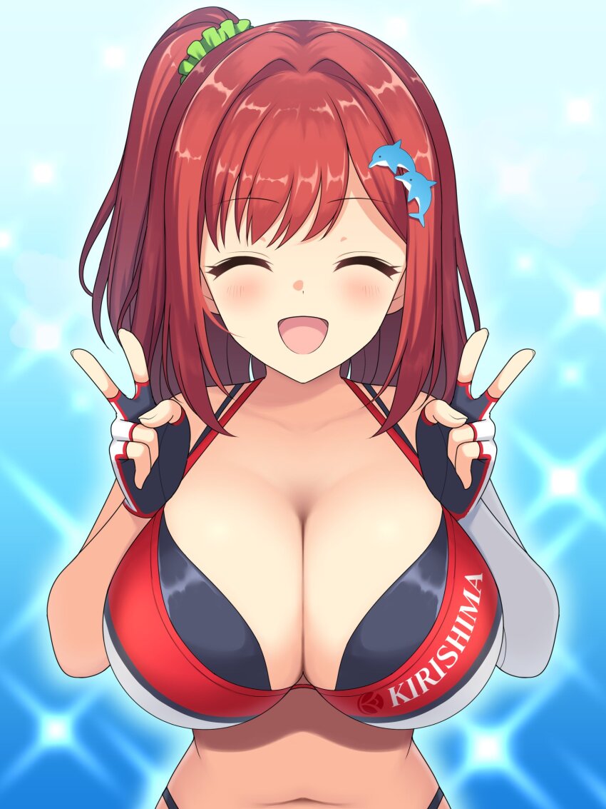 :d asymmetrical_gloves bikini breasts cleavage closed_eyes dolphin_hair_ornament dolphin_wave double_v elbow_gloves gloves hair_intakes hair_ornament hair_scrunchie highres kirishima_uniform large_breasts layered_bikini medium_hair navel one_side_up open_mouth perapera red_bikini sakimiya_iruka scrunchie single_elbow_glove smile swimsuit uneven_gloves upper_body v