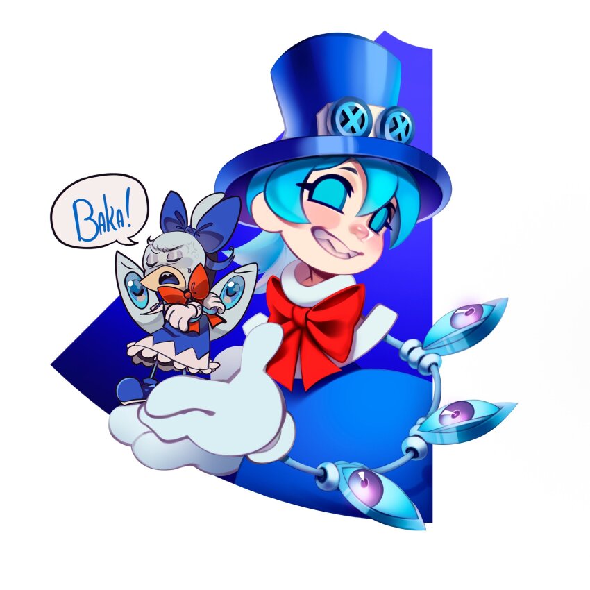 1girl absurdres avery_(skullgirls) blue_hair blush bow cirno cirno_(cosplay) closed_eyes cosplay crossed_arms cyborg gloves grin hair_bow hat highres luxey_san open_mouth peacock_(skullgirls) sharp_teeth skullgirls smile teeth top_hat touhou