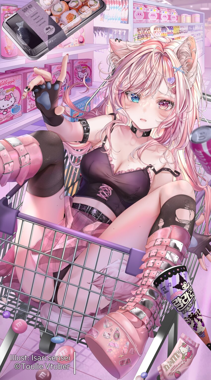 1girl absurdres animal_ear_fluff animal_ears asymmetrical_legwear belt black_choker black_panties black_socks black_thighhighs blue_eyes boots breasts can cat_ears cat_girl cat_tail cereal_box choker coca-cola commentary commission drink_can english_commentary facial_mark food hello_kitty hello_kitty_(character) heterochromia highres ice_cream_cone in_shopping_cart indie_virtual_youtuber isari_sensei kellogg&#039;s kirby kirby_(series) kuromi long_hair m&amp;m&#039;s medium_breasts milk_carton miniskirt multicolored_hair nintendo panties paw_print_palms pink_boots pink_eyes pink_hair pink_skirt pringles pringles_can sanrio shelf shopping_cart single_sock single_thighhigh skirt socks soda_can strap_slip sushi tail takeout_container thighhighs torn_clothes torn_socks toulie_(vtuber) underwear uneven_legwear virtual_youtuber whisker_markings white_hair
