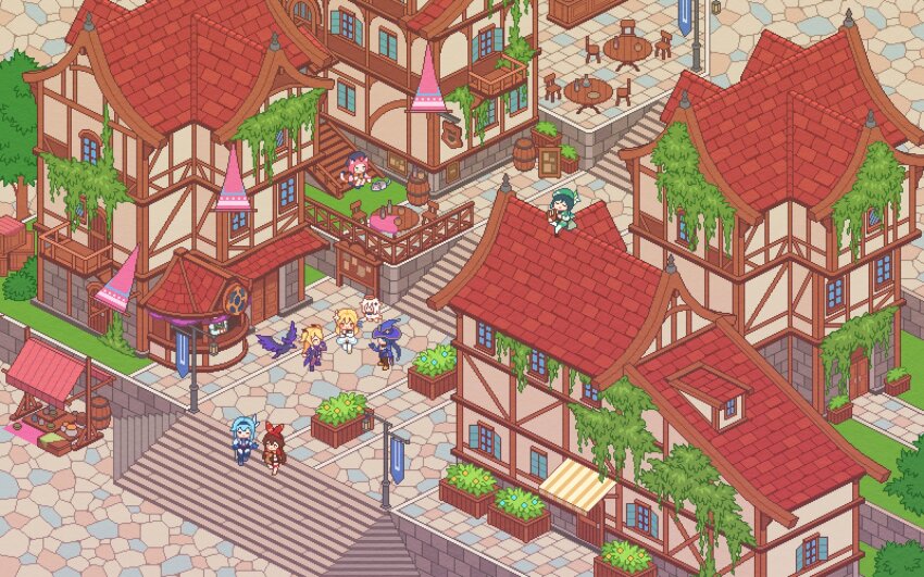 1boy 6+girls amber_(genshin_impact) animal_ears asymmetrical_hair awning balcony bangs_pinned_back banner barrel beret bird black_footwear black_hair black_hairband black_headwear blonde_hair blue_eyes blue_hair boots bottle box brown_eyes brown_hair building bulletin_board bush capelet cat cat_ears cat_girl cat_tail chair chalkboard_sign chibi closed_eyes commentary cup diona_(genshin_impact) door dress english_commentary eula_(genshin_impact) fischl_(genshin_impact) flower flower_box flying genshin_impact grass green_capelet green_shorts hair_flower hair_intakes hair_ornament hair_ribbon hairband half-timbered halo hand_up hat highres holding holding_instrument house in-universe_location instrument isometric katheryne_(genshin_impact) lamppost long_hair looking_at_another lumine_(genshin_impact) lyre market_stall mona_(genshin_impact) multiple_girls music on_roof one_eye_closed open_mouth open_window_shutter oz_(genshin_impact) paimon_(genshin_impact) pink_hair pixel_art plant playing_instrument ppyok_1017 purple_headwear railing red_hairband red_ribbon ribbon romper round_table scenery short_hair short_hair_with_long_locks shorts sidelocks sign singing sitting sitting_on_roof smile standing stone_floor table tail thigh_boots town tree twintails two_side_up u_u venti_(genshin_impact) walking white_dress white_flower white_footwear white_hair white_romper window window_shutter witch_hat wooden_box wooden_chair wooden_railing wooden_table yellow_eyes