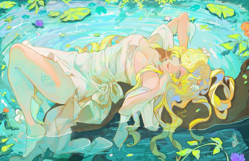 1girl ;d absurdres animal animal_on_shoulder bare_legs bare_shoulders barefoot blonde_hair blue_eyes breasts cleavage dress flower full_body hair_flower hair_ornament hands_up highres koiii_(ichikakoiii) large_breasts lily_pad long_dress long_hair looking_at_viewer lying on_back on_branch one_eye_closed open_mouth prairie_dog reverse:1999 scales side_slit smile soaking_feet solo very_long_hair vila_(reverse:1999) water white_dress white_flower