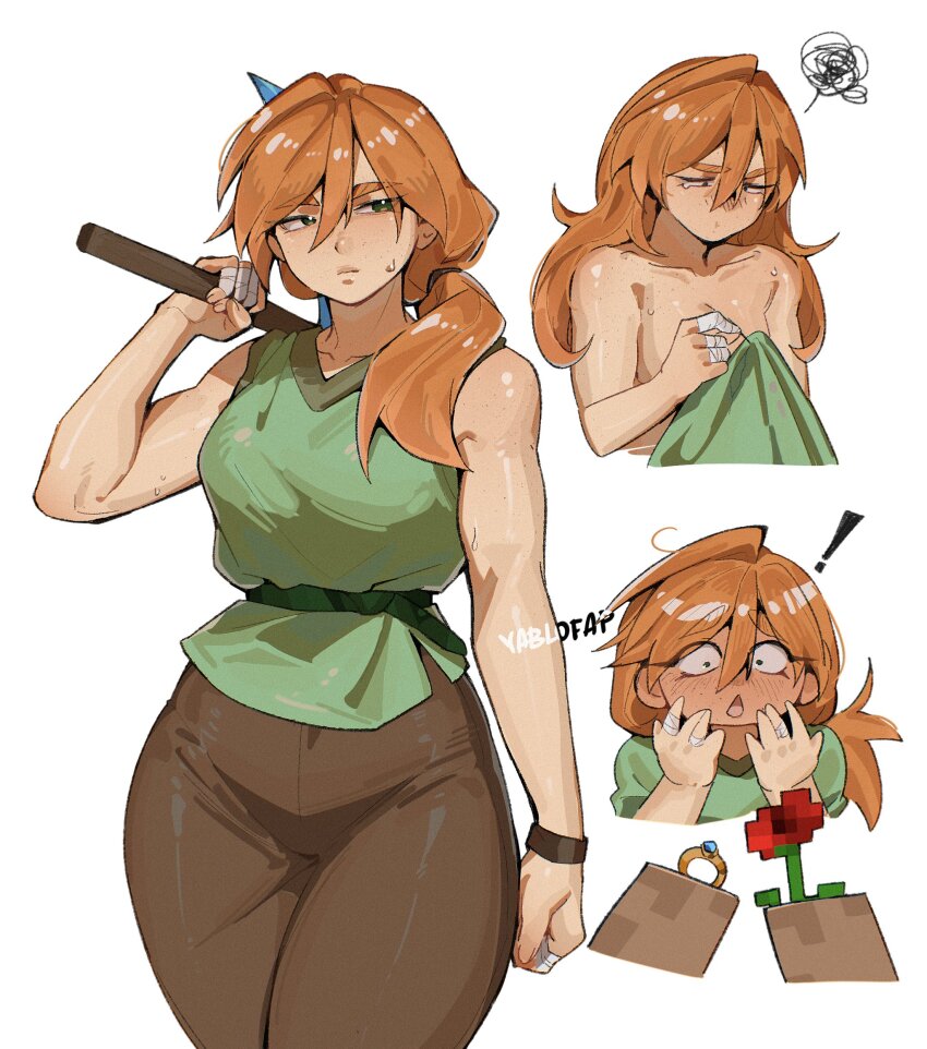 1girl alex_(minecraft) alohapz blush breasts brown_pants diamond_(minecraft) disembodied_hand flower green_eyes green_shirt highres holding jewelry large_breasts long_hair looking_at_viewer minecraft minecraft_pickaxe open_mouth orange_hair pants pickaxe poppy_(flower) ring sewing shirt short_sleeves simple_background sleeveless steve_(minecraft) thick_eyebrows thick_thighs thighs topless_female wedding_ring white_background