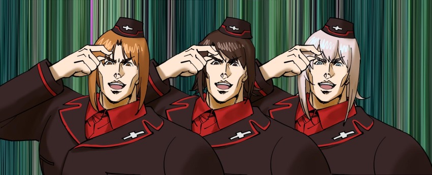 3girls battle_tendency black_eyes black_headwear black_jacket blue_eyes brown_eyes brown_hair chinese_commentary commentary garrison_cap girls_und_panzer hat highres imitating insignia itsumi_erika jacket jojo_no_kimyou_na_bouken kuromorimine_military_uniform lapel_pin long_sleeves looking_at_viewer medium_hair multiple_girls nishizumi_maho nishizumi_miho red_shirt rudolph_von_stroheim ruukii_drift shirt short_hair v-shaped_eyebrows white_hair wing_collar