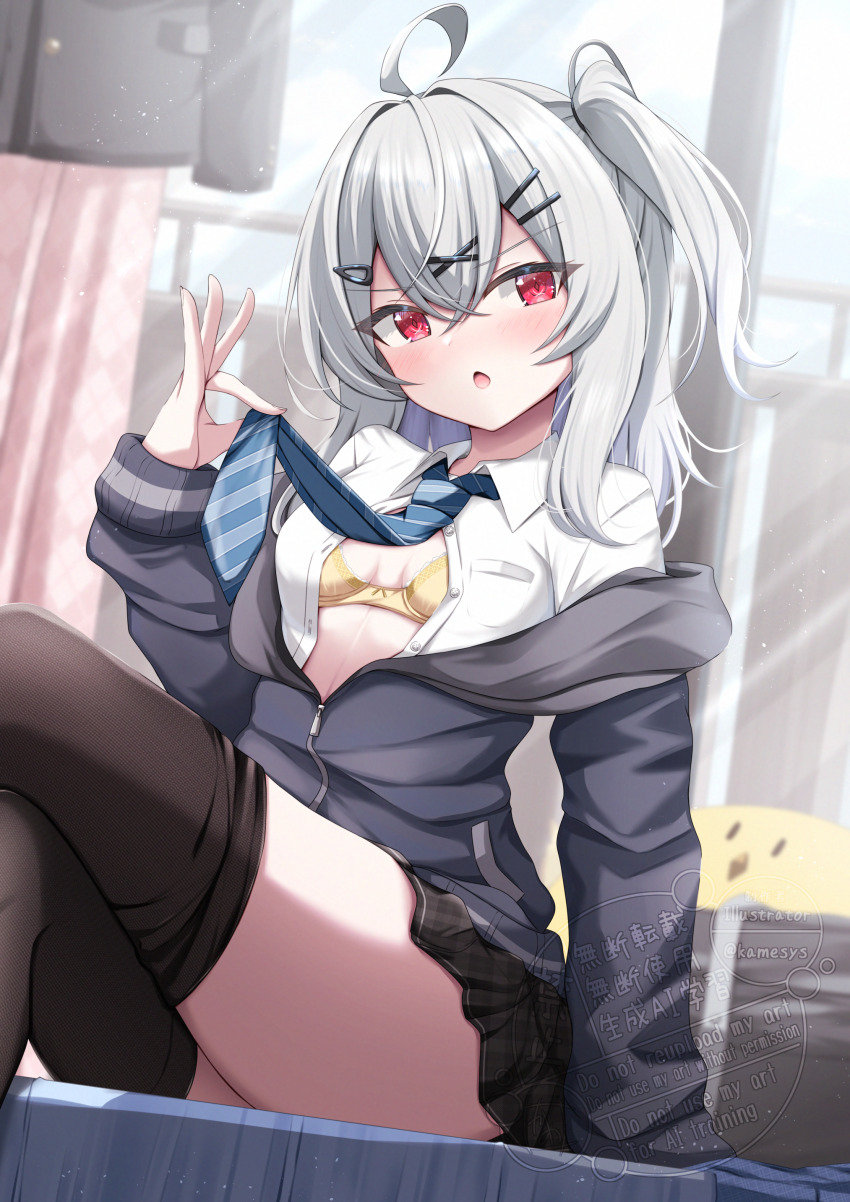 1girl absurdres black_pantyhose bra breasts curtains grey_hair hair_between_eyes hair_ornament highres kamesys looking_at_viewer necktie one_side_up original pantyhose red_eyes school_uniform sitting small_breasts solo thighs underwear watermark