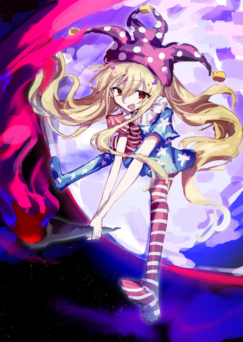 1girl :d absurdres american_flag_dress american_flag_legwear blonde_hair chinese_commentary clownpiece commentary fang fire full_body full_moon hair_between_eyes hat highres holding holding_torch jester_cap long_hair looking_at_viewer moon neck_ruff no_shoes open_mouth pantyhose polka_dot_headwear purple_hat red_eyes skin_fang smile space striped_clothes striped_pantyhose torch touhou very_long_hair wusem0108