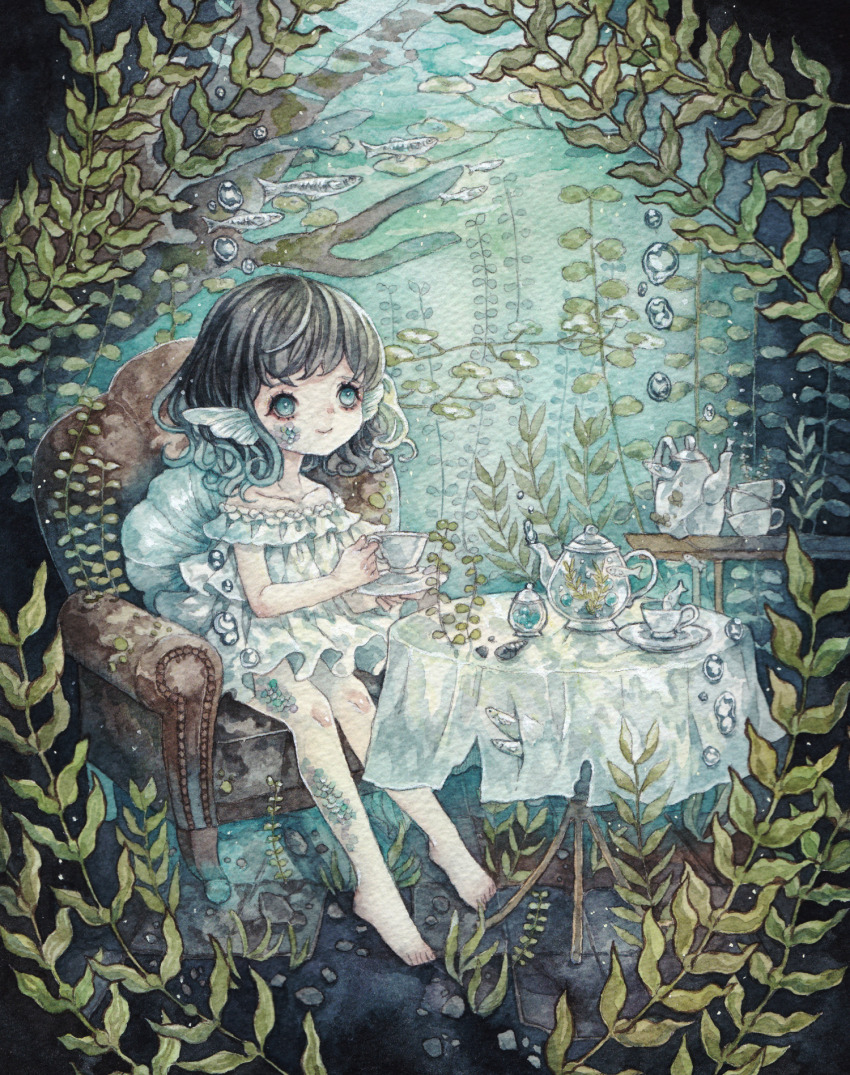 1girl air_bubble armchair barefoot blue_eyes bubble chair commentary_request cup fins fish full_body grey_hair head_fins highres holding holding_cup original painting_(medium) rusetsuksr sitting smile solo tea_set teacup teapot traditional_media underwater watercolor_(medium)