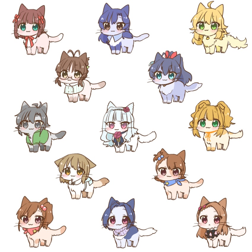 ahoge akizuki_ritsuko amami_haruka animal animal_focus animalization antenna_hair bandana bandana_around_neck black_hair blonde_hair blue_eyes blue_hair brown_eyes brown_hair cat clothed_animal futami_ami futami_mami ganaha_hibiki glasses green_eyes grey_hair hagiwara_yukiho hair_bobbles hair_ornament hairband highres hoshii_miki hutaba idolmaster idolmaster_(classic) idolmaster_million_live! idolmaster_million_live!_theater_days kikuchi_makoto kisaragi_chihaya long_hair minase_iori miura_azusa no_humans orange_hair ponytail shijou_takane simple_background takatsuki_yayoi twintails white_background
