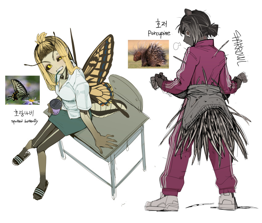 2girls absurdres antennae artist_name black_hair black_sclera black_skin blonde_hair brown_eyes brown_hair bubble_tea butterfly_girl butterfly_wings closed_mouth collared_shirt colored_sclera colored_skin desk diagonal_stripes drink drinking_straw drinking_straw_in_mouth full_body green_skirt grin gyaru hands_up highres holding holding_drink insect_wings knees_together_feet_apart long_hair long_sleeves looking_at_viewer looking_back low_ponytail monster_girl mouth_hold multicolored_hair multiple_girls on_desk original personification ponytail porcupine_ears porcupine_girl school_desk shirt shoes short_hair short_ponytail sidelocks sigh simple_background sitting sketch skirt smile sneakers sparrowl spines standing striped_clothes striped_footwear teardrop teeth_hold topknot two-tone_hair uneven_eyes white_background white_footwear white_shirt wings yellow_eyes yellow_skin