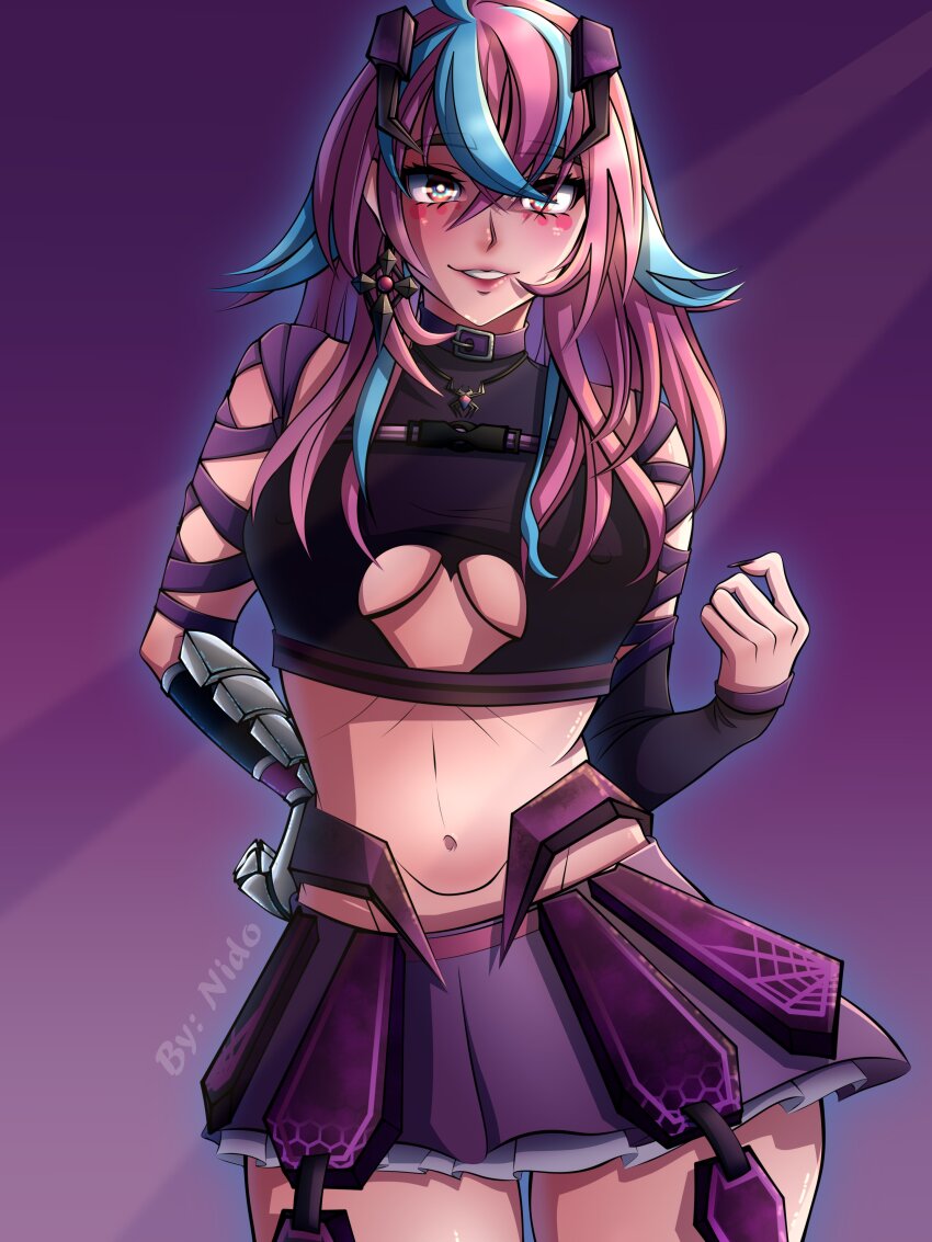 1girl absurdres affternido arm_strap artist_name black_shirt black_sleeves blue_eyes blue_hair blush breasts brown_eyes clothing_cutout covered_erect_nipples cowboy_shot cropped_shirt detached_sleeves emikukis_(vtuber) female_focus grin hair_between_eyes hand_on_own_hip hand_up heterochromia highres indie_virtual_youtuber large_breasts long_hair looking_at_viewer midriff multicolored_hair navel official_alternate_costume pink_hair purple_background purple_skirt shirt simple_background skirt sleeveless sleeveless_shirt smile solo standing streaked_hair teeth two-tone_hair underboob underboob_cutout virtual_youtuber