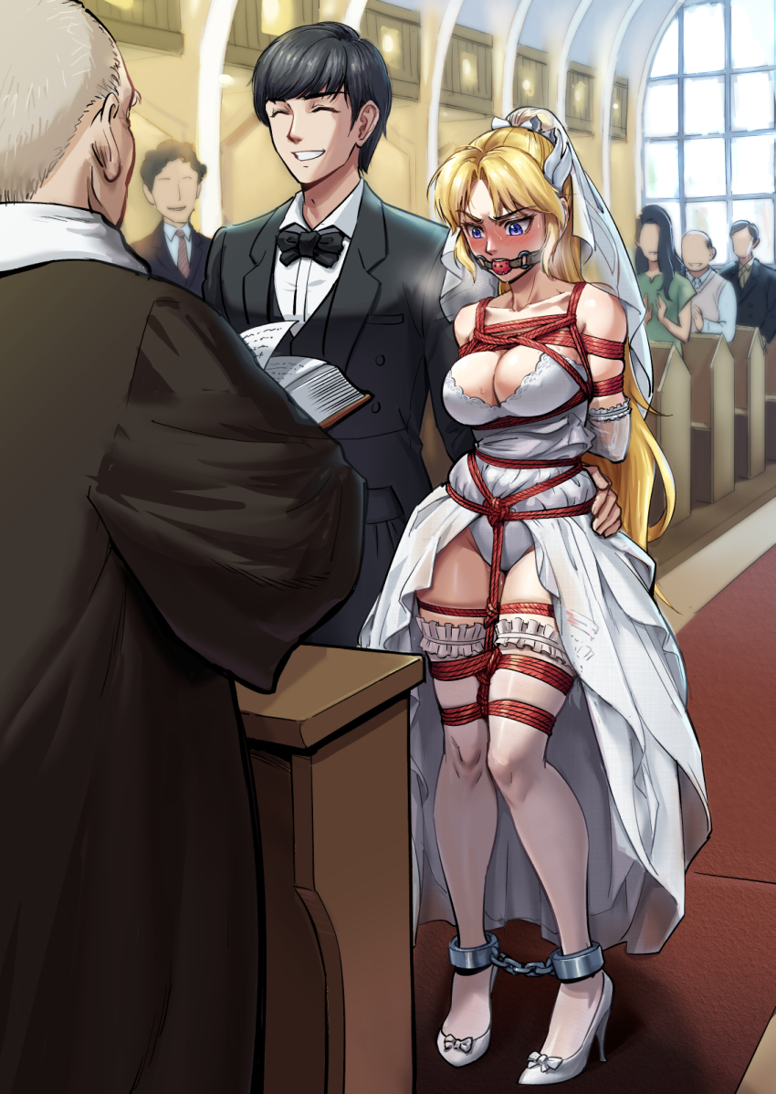 1girl 2boys ankle_cuffs arms_behind_back bdsm black_hair black_suit blonde_hair blue_eyes blush bondage bound breasts bridal_veil clapping cleavage dress faceless faceless_female faceless_male formal_clothes frilled_thighhighs frills full_body gag gagged grin hand_on_another&#039;s_hip high_heels highres indoors long_hair medium_breasts multiple_boys original panties people priest restrained root001 shibari short_hair showgirl_skirt smile standing suit thighhighs underwear veil wedding wedding_dress white_dress white_footwear white_panties white_thighhighs wiffle_gag