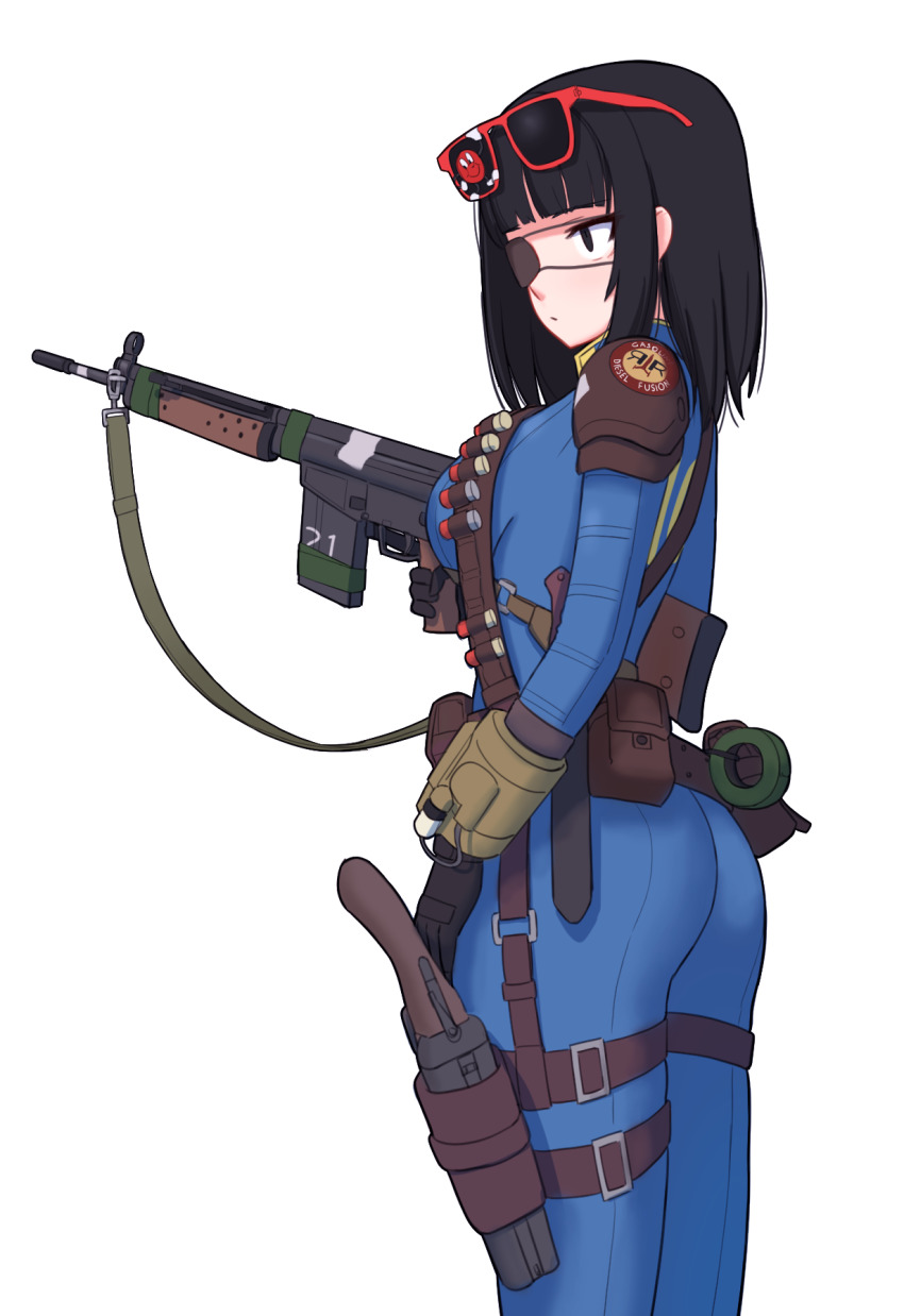 1girl armor ass assault_rifle bebetang belt black_eyes black_gloves black_hair blue_bodysuit blunt_bangs bodysuit breasts brown_belt closed_mouth commentary_request duct_tape expressionless eyepatch fallout fallout_3 from_side gloves gun highres holding holding_gun holding_weapon holster korean_commentary leather_armor looking_away medium_hair original pip_boy pouch rifle sheath shotgun shoulder_armor sidelocks simple_background solo standing thigh_strap vault_suit weapon white_background