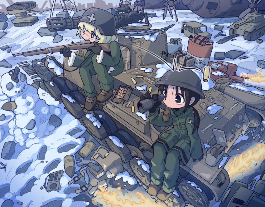 2girls absurdres aiming aircraft ammunition_box bayonet black_eyes black_gloves blonde_hair boots brodie_helmet brown_boots c4 caloriemate chito_(shoujo_shuumatsu_ryokou) coat combat_helmet drum_(container) eating explosive field_ration fire flammable_symbol food_in_mouth footprints from_above full_body fur_trim gatling_gun gloves green_coat green_pants grenade gun half-track helmet highres holding holding_gun holding_weapon kettenkrad looking_afar looking_through_scope low_twintails military_uniform military_vehicle minigun motor_vehicle multiple_girls pants peril propane_tank radio saghaley shell_casing shoujo_shuumatsu_ryokou snow snowman stahlhelm tank twintails weapon winter winter_clothes yuuri_(shoujo_shuumatsu_ryokou)