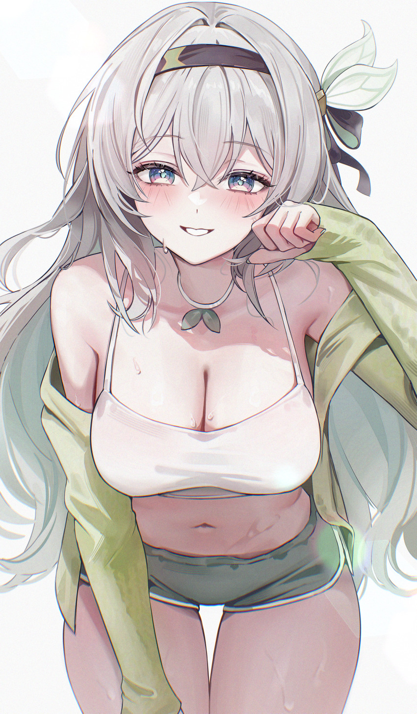1girl absurdres alternate_costume bare_shoulders black_bow black_hairband blue_eyes blush bow breasts commentary cowboy_shot dolphin_shorts fingernails firefly_(honkai:_star_rail) gradient_hair green_hair green_jacket green_pupils green_shorts grey_hair hair_bow hairband hand_up highres honkai:_star_rail honkai_(series) jacket large_breasts leaning_forward long_hair multicolored_eyes multicolored_hair navel off_shoulder parted_lips purple_eyes short_shorts shorts simple_background smile solo stomach sweat tank_top thigh_gap two-tone_eyes white_background white_tank_top zije