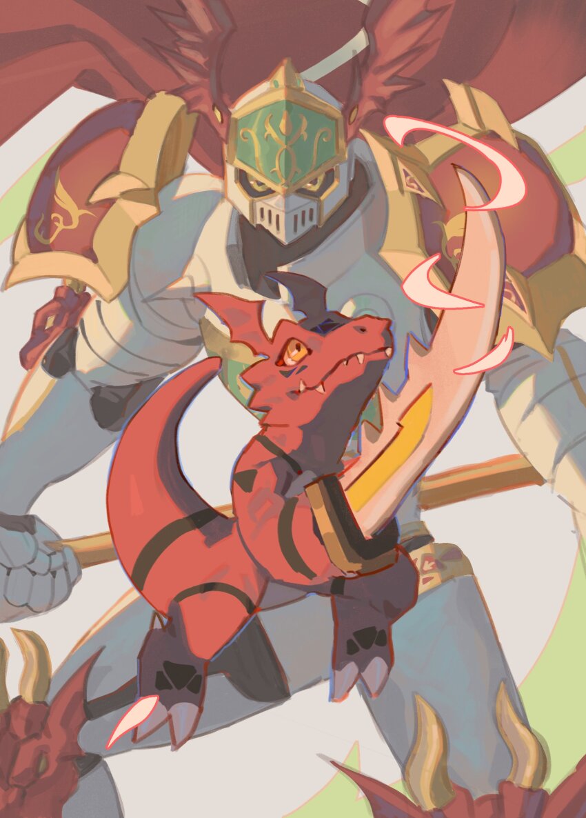 1boy 765_nanami absurdres armor cape cowboy_shot digimon digimon_(creature) guilmon highres holding holding_polearm holding_sword holding_weapon knight male_focus medievaldukemon polearm red_cape solo sword weapon white_armor yellow_eyes