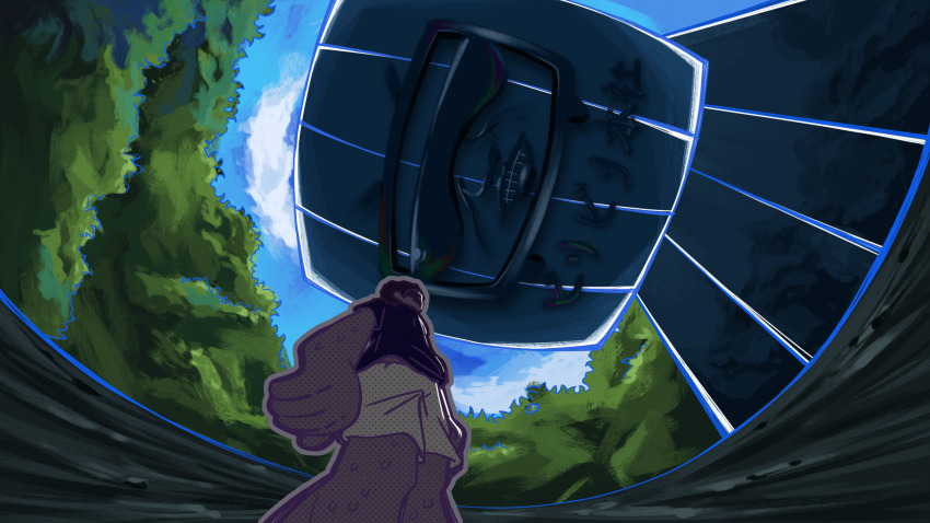 1boy black_shirt blue_sky brown_hair brown_shorts building commentary day english_commentary feet_out_of_frame from_side highres male_focus manatsu_no_yo_no_inmu mushroomsucy niconico outdoors shirt short_hair shorts sky skyscraper solo standing takuya_(acceed) terebi-chan toono_(coat) tree