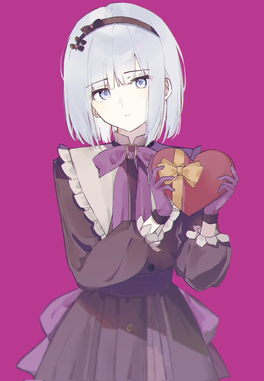 1girl back_bow black_bow black_hairband blue_eyes blunt_bangs bow bow_hairband box brown_dress candle_no_kaori_wa_omoide_to_tomo_ni_(project_sekai) closed_mouth collar cowboy_shot dress expressionless frilled_collar frilled_sleeves frills gloves hairband hashtag-only_commentary heart heart-shaped_box highres holding long_sleeves looking_at_viewer mo3290425556326 official_alternate_costume official_alternate_hair_length official_alternate_hairstyle pink_background project_sekai puffy_long_sleeves puffy_sleeves purple_bow purple_gloves short_hair simple_background solo yoisaki_kanade