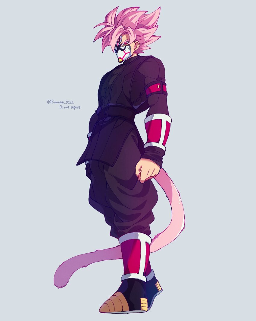 1boy black_pants black_shirt broken_mask crimson-masked_saiyan dragon_ball dragon_ball_heroes dragon_ball_super full_body goku_black grey_background highres komesan_0212 male_focus mask medium_hair monkey_tail pants pink_hair pink_tail red_eyes shirt simple_background solo spiked_hair super_saiyan super_saiyan_rose tail twitter_username