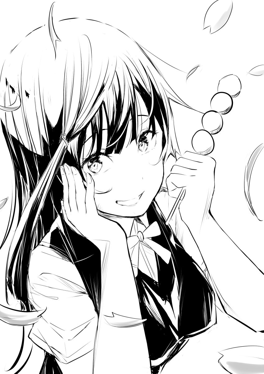 1girl absurdres collared_shirt commentary_request dango falling_petals food greyscale hand_on_own_cheek hand_on_own_face highres holding holding_food long_hair looking_at_viewer love_live! love_live!_nijigasaki_high_school_idol_club monochrome nijigasaki_school_uniform petals school_uniform shirt short_sleeves smile solo summer_uniform tommer upper_body vest wagashi white_background yuki_setsuna