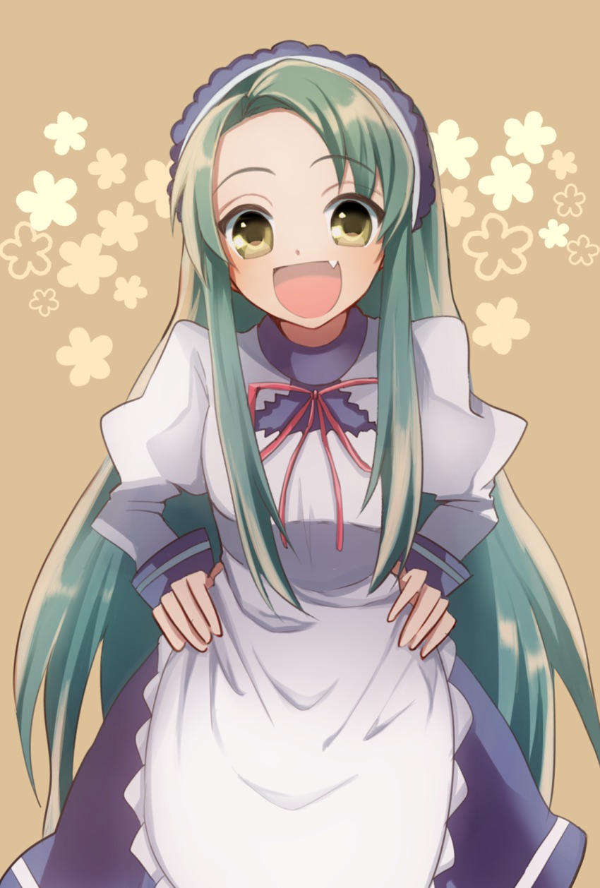 1girl apron female_focus green_eyes green_hair highres long_hair looking_at_viewer maid misora_(mi-000000006) simple_background smile solo suzumiya_haruhi_no_yuuutsu tooth tsuruya very_long_hair